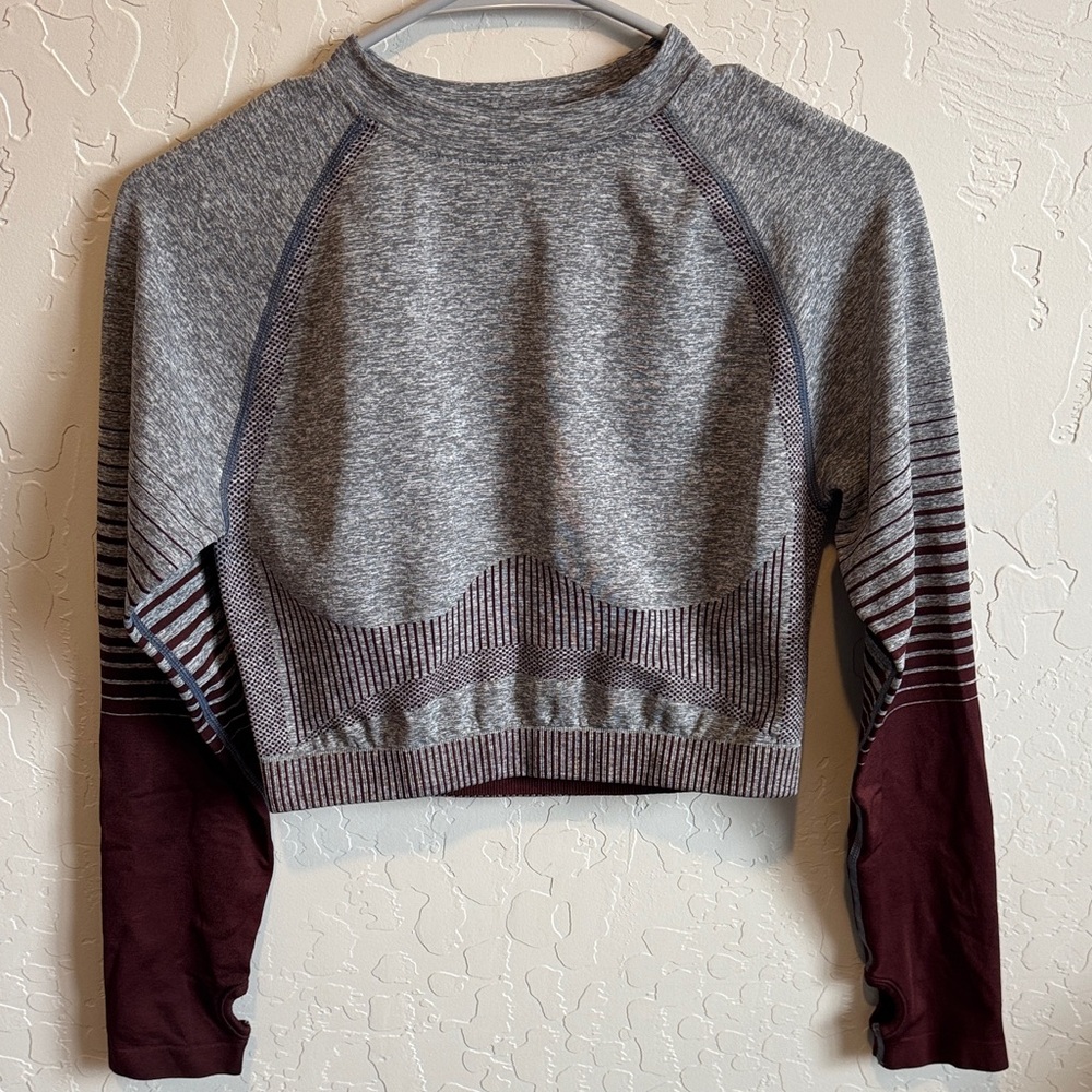 Gray and Burgundy Long Sleeve Athletic Crop